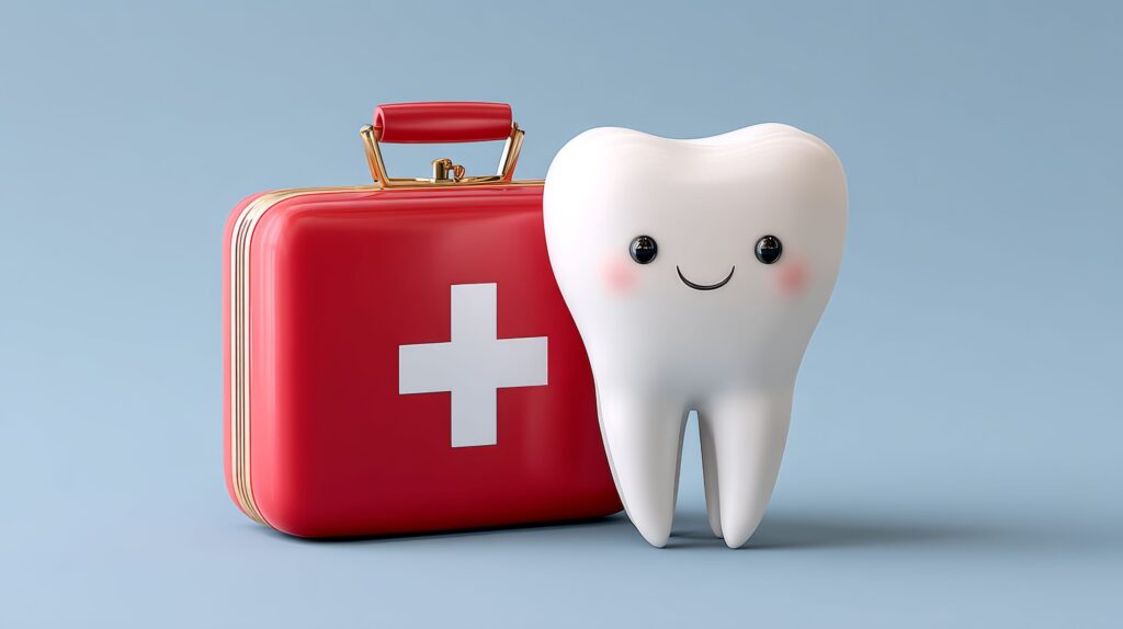 AI rendering of large, happy tooth next to red emergency kit